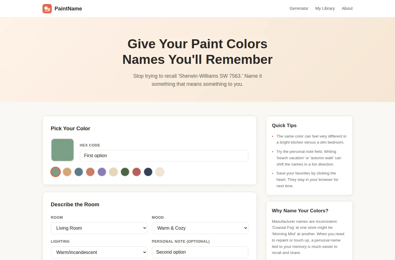 Screenshot of PaintName: DIY Paint Swatch Namer interface showing the project page in use